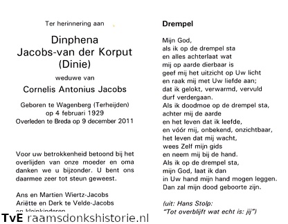 Dinphena van der Korput- Cornelis Antonius Jacobs